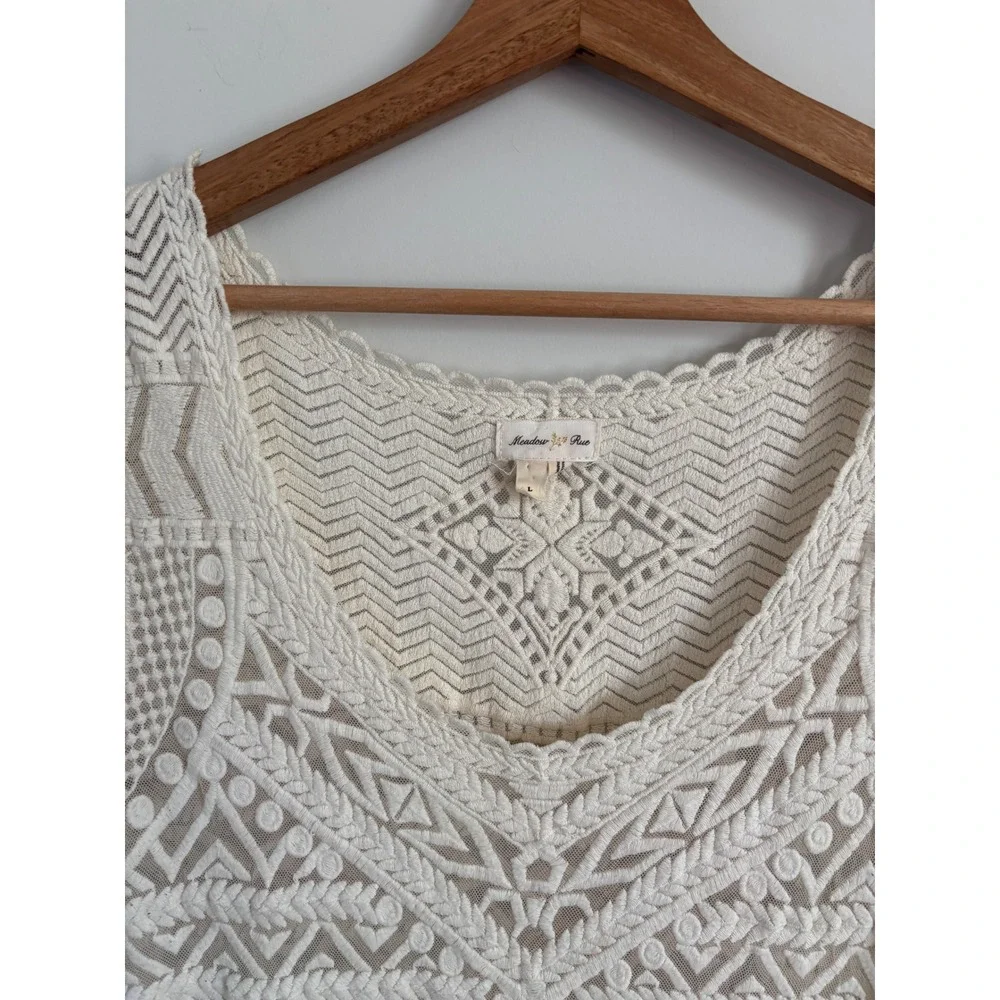 Meadow Rue Anthropologie Cream Lace Mesh Geometric Embroidered Boho Top Large - Picture 6 of 8